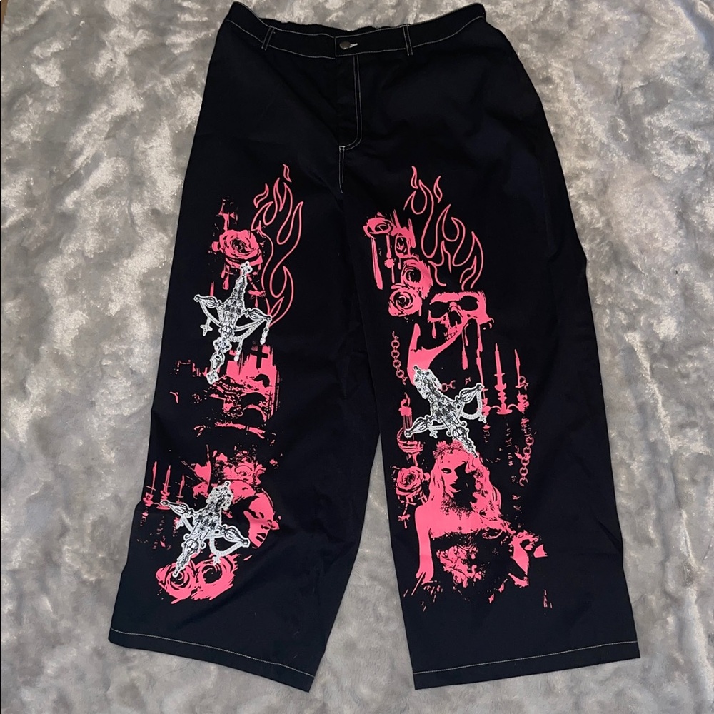 ROMWE Graphic Streetwear Pants – Pink Flame Rose Print | Gothic Y2K Alt Style XL